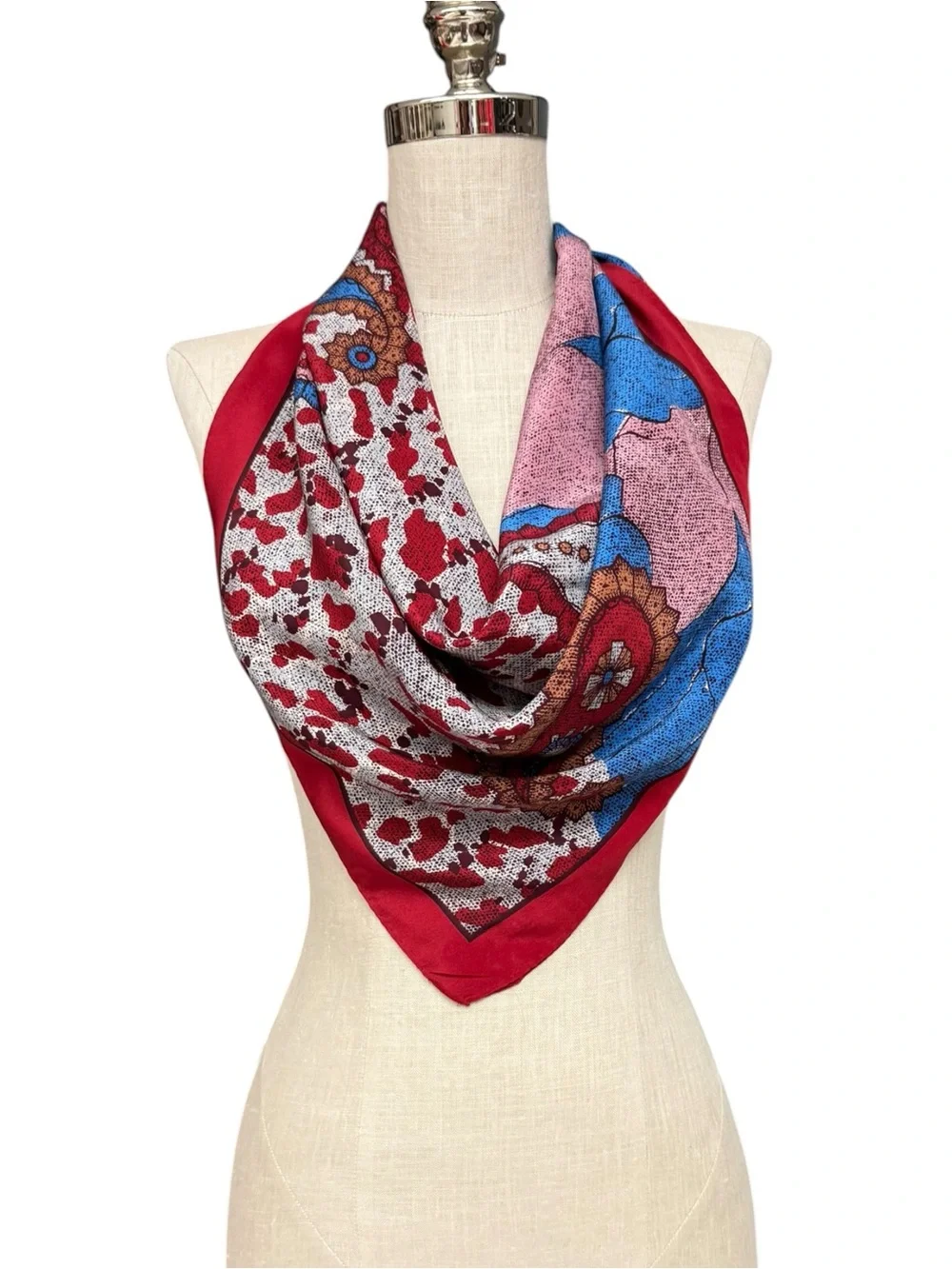 Lanvin Paris 100% Silk Italy Abstract Paisley Print Square Scarf Red Blue 30x29